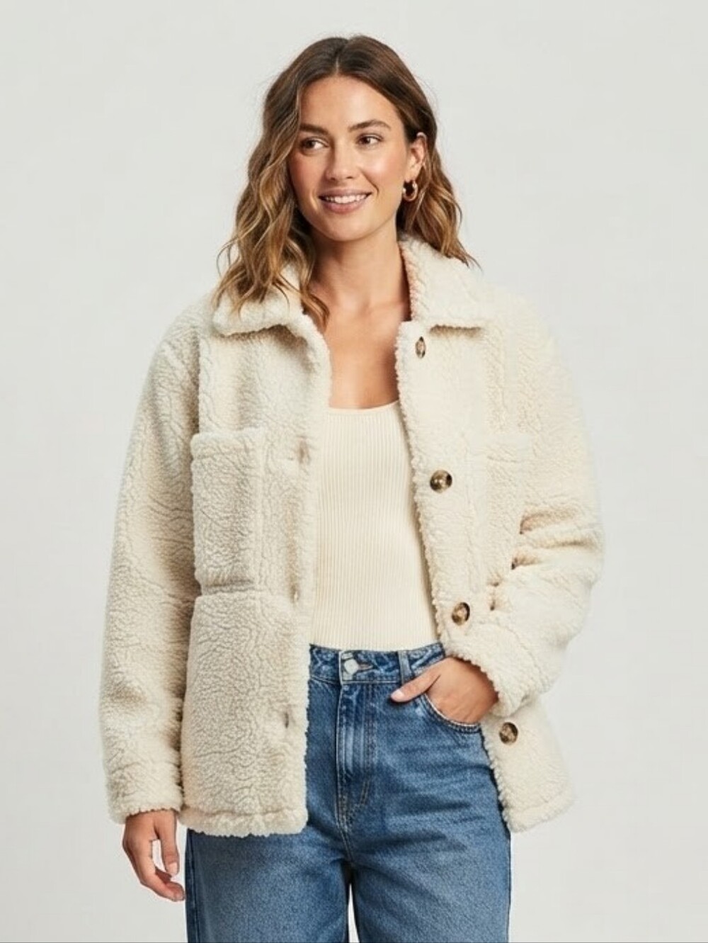 Love Tree Sherpa Button-Up Teddy Jacket